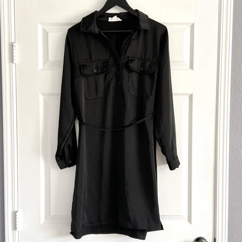 Lucky Brand black satin long sleeve shift tunic dress pockets belted size L
